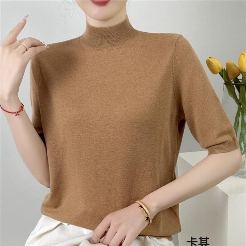 秋冬季羊毛休闲简约时尚百搭螺纹半高领短袖羊毛衫,女装羊毛衫,纳驰羊绒
