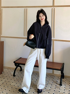 韩系撞色明线牛仔短外套木耳边假两件设计感宽松休闲秋装上衣女图片