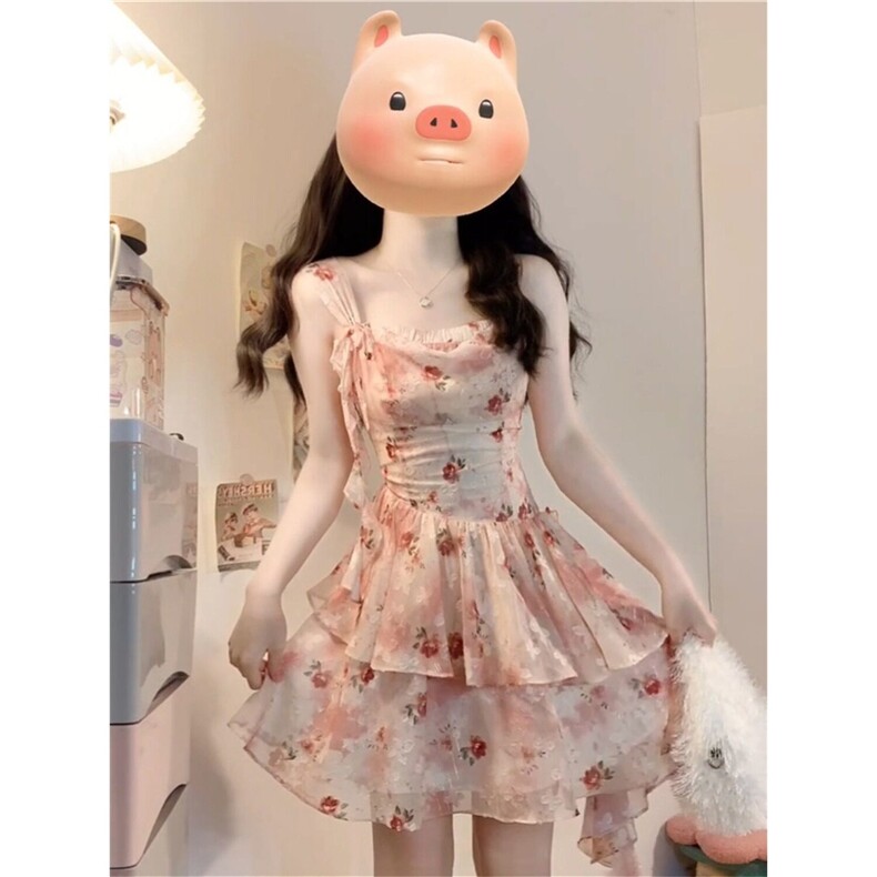 温柔风甜美收腰碎花吊带不规则连衣裙搭配针织开衫披肩女两件套装,女装套装/套裙,星座506A