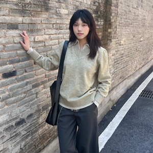 重磅北极绒假两件衬衫领毛衣美式高街复古休闲慵懒纯色翻领针织衫图片