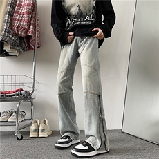 美式复古拉链牛仔裤男女2024新款春秋直筒微喇裤子高街vibe潮牌，男装牛仔裤，星座601-2