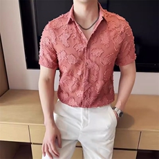 短袖衬衫男夏高级感痞帅冰丝网纱透明花衬衣T36-P42，男装T恤，星座208-5