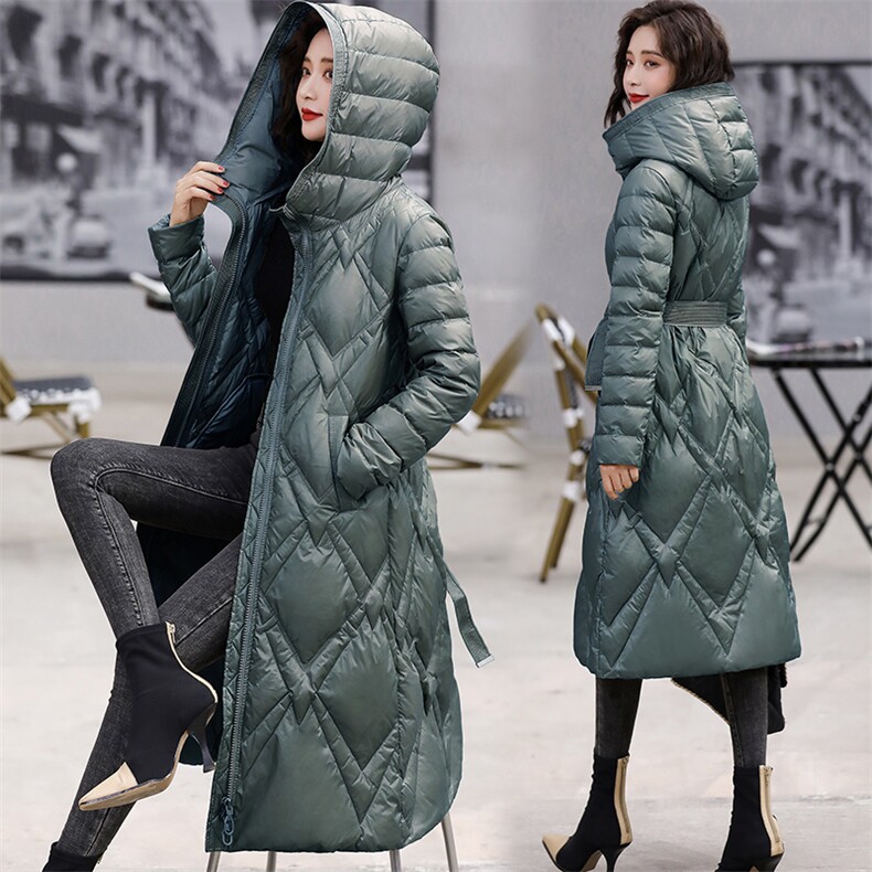 中长款系带羽绒服女2023冬季新款韩版连帽长袖保暖修身中长款外套,女装羽绒服,素月