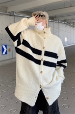 立领撞色高领毛衣条纹开衫男女秋冬新款慵懒宽松休闲软糯针织外套，男装针织衫/毛衣，星座505-2（原电商A260-1)