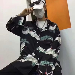 春秋慵懒风男士古风仙鹤满印复古长袖衬衫宽松休闲时尚翻领衬衣潮图片