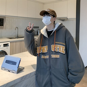 新款卫衣男冬季加绒开衫连帽情侣外套ins港风青少年棉服W2474-P54图片