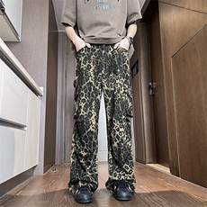 美式潮流豹纹休闲裤男阔腿设计感潮流直筒拖地裤，男装休闲裤，星座716-2