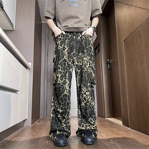 美式潮流豹纹休闲裤男阔腿设计感潮流直筒拖地裤图片
