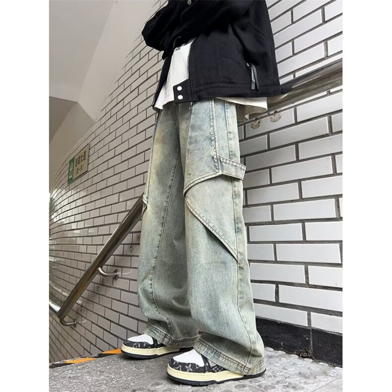 泥黄色工装牛仔裤男春秋季美式高街阔腿裤设计感N8101-P55,男装牛仔裤,星座1109-3