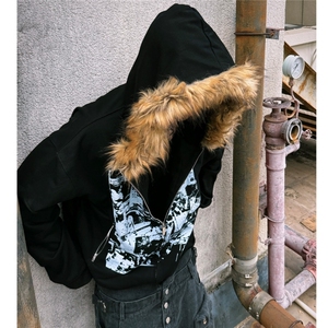 PAIKI摇滚乐队vintage印花金貉长毛领修身连帽拉链开衫卫衣外套男图片