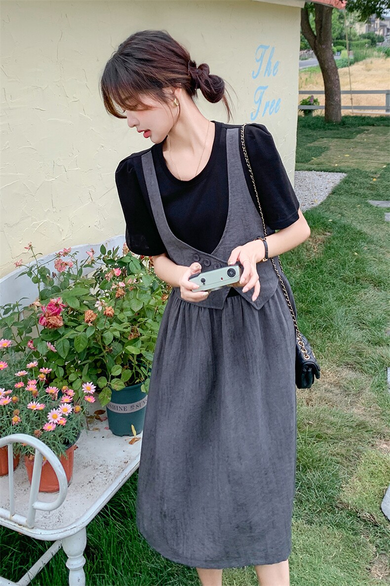 小众设计感拼接马甲裙子女夏季2025新款韩版休闲假三件连衣裙,女装连衣裙,C位