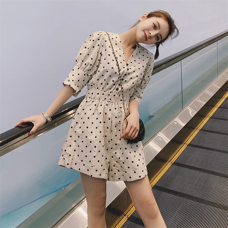 现货夏季款！麻料泡泡袖波点连体短裤163-0622-P95-控138，女装连体裤，拾菱