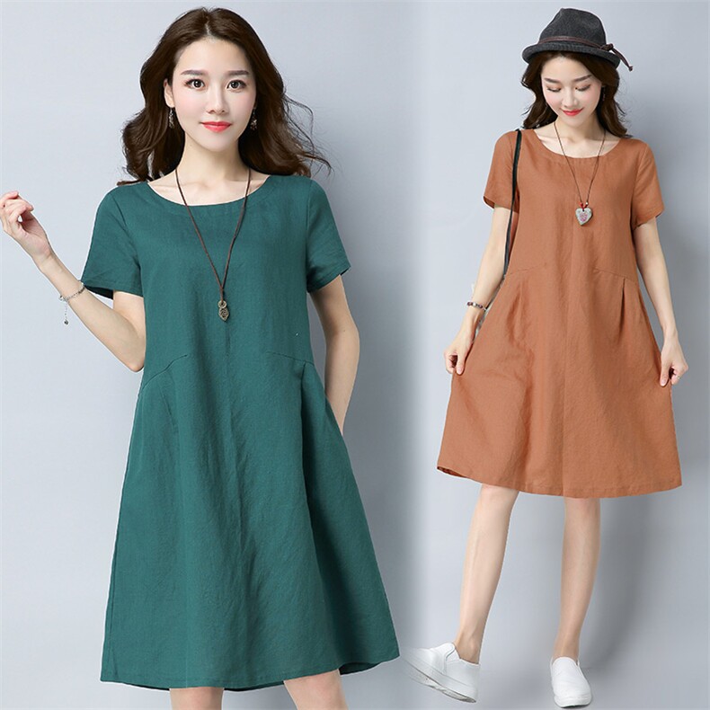 [品质保证]棉麻连衣裙女2025夏新款短袖大码a字裙纯色宽松中长裙，女装连衣裙，阿丹