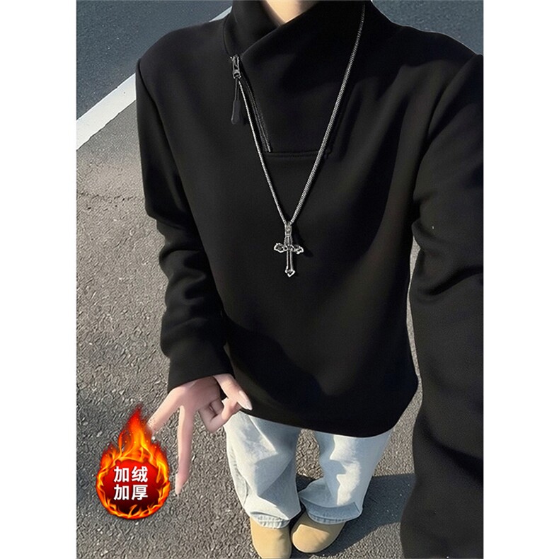 加厚加绒立领斜半拉链卫衣冬季复古打底衫男女D54167-TP35不,男装T恤,电商A102