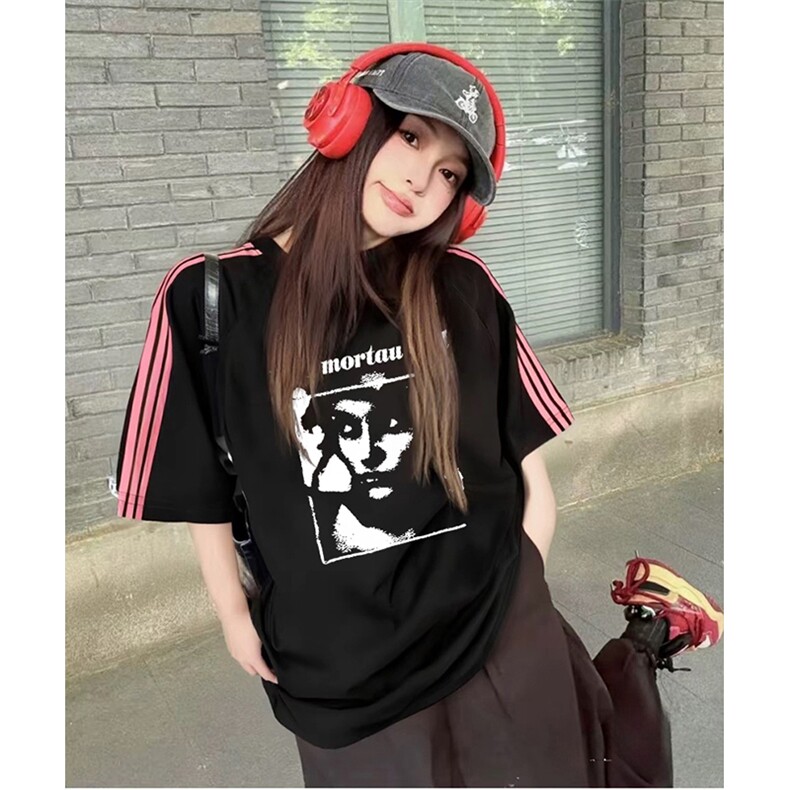 抖音得物品质二开240克宽松纯棉美式潮牌印花三条杠中性风短袖T恤,男装T恤,电商A486