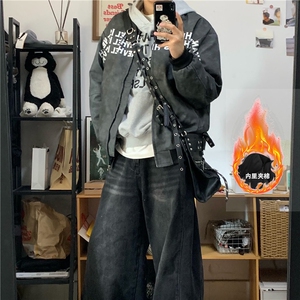 美式高街立领夹克外套男女秋冬季节字母印花棉服棒球服夹棉加厚图片