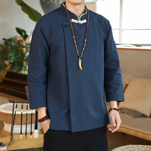 风棉麻衬衫男春夏新款厨师长袖衬衣 可定制印花团体服T93-P65图片