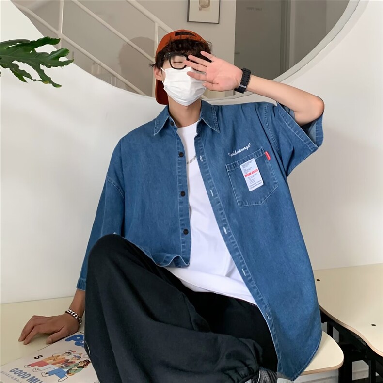 夏季新款男士牛仔短袖衬衣潮酷流行时尚五分袖衬衫男士上衣C1361,男装衬衫,星座1013