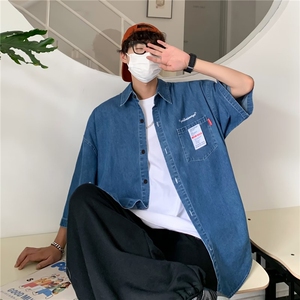 夏季新款男士牛仔短袖衬衣潮酷流行时尚五分袖衬衫男士上衣C1361图片