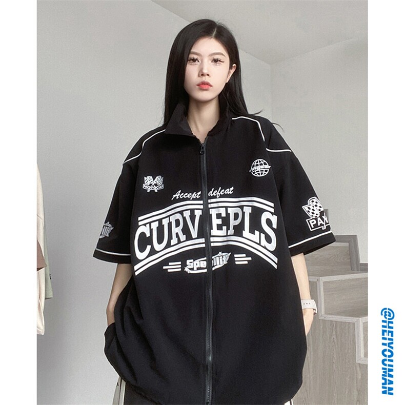 日系复古赛车服上衣休闲潮流棒球服拉链款短袖衬衫HY332TP45控69图片