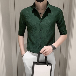 店主风社会小伙男士七分袖纯色花泡衬衫男衬衣301A-1/CS352/P55图片