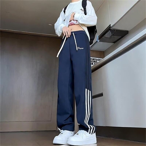 藏蓝色三条杠加绒卫裤男款秋冬美式复古运动裤子加厚青少年直筒裤图片
