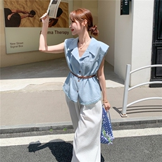 蓝色又酷又飒衬衫马甲休闲裤套装2025新款女夏轻熟通勤穿搭两件套，女装套装/套裙，2C166