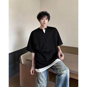 8XL-M 特大码短袖男假两件五分袖高品质空气层宽松上衣DX321P35图片