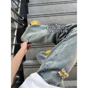 B221 美式ins高街暗黑宽松直筒破洞牛仔裤 LK24180-特P38控68图片