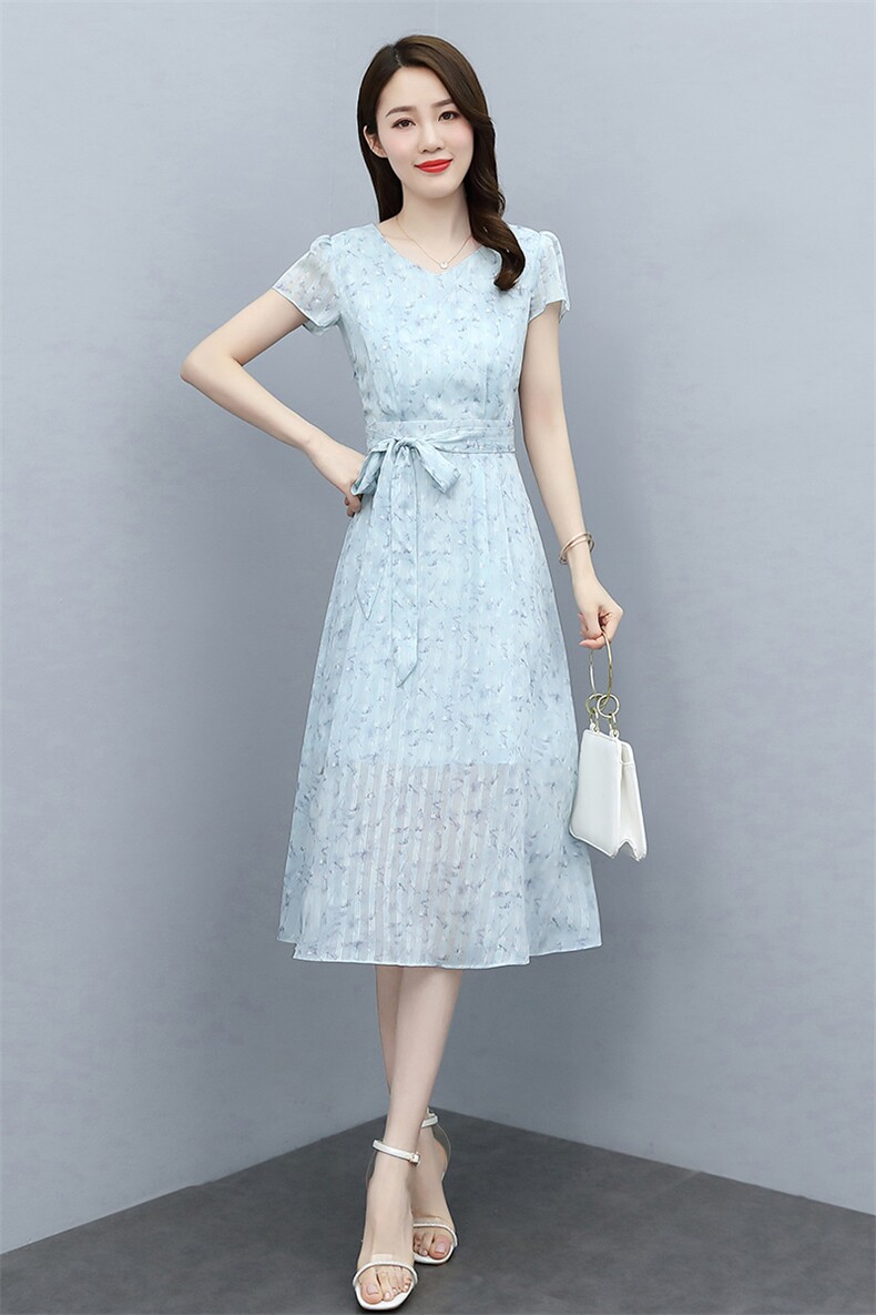 2023夏季新款简约气质优雅时尚腰部系带收腰显瘦雪纺连衣裙,女装连衣裙,牡丹诺