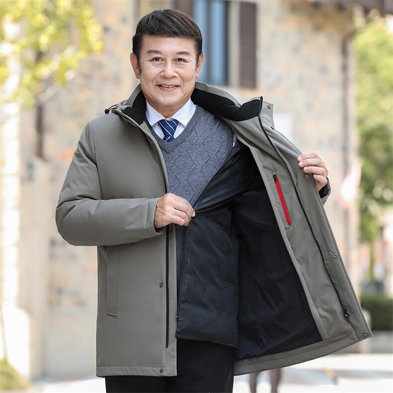 继续可拆卸帽内胆中老年羽绒服外套男中长款白鸭绒羽绒服大衣图片