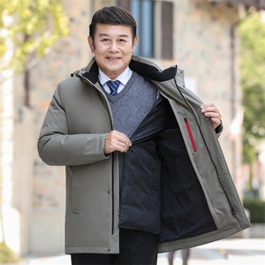 继续可拆卸帽内胆中老年羽绒服外套男中长款白鸭绒羽绒服大衣图片