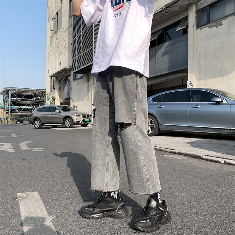 破洞牛仔裤烟灰色宽松直筒裤KD110-P45图片