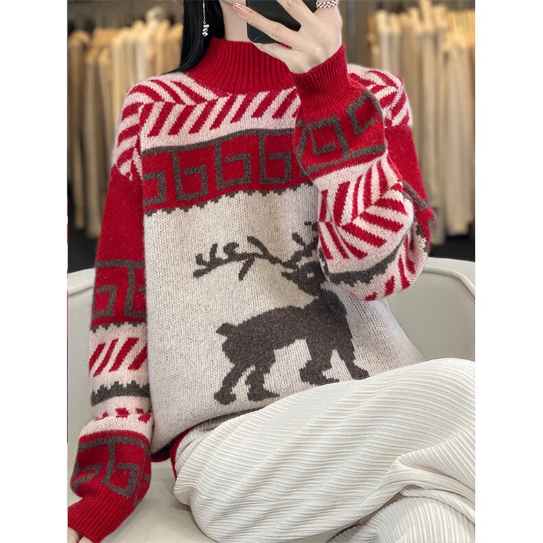 半高领加厚100%纯羊毛衫女秋冬拼色圣诞鹿长袖毛衣宽松羊绒打底衫，女装羊毛衫，狄美羊绒