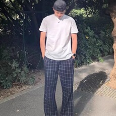 何以至此深蓝色格子长裤男款夏季薄款微喇弯刀裤子提档直筒休闲裤，男装休闲裤，星座1210-1