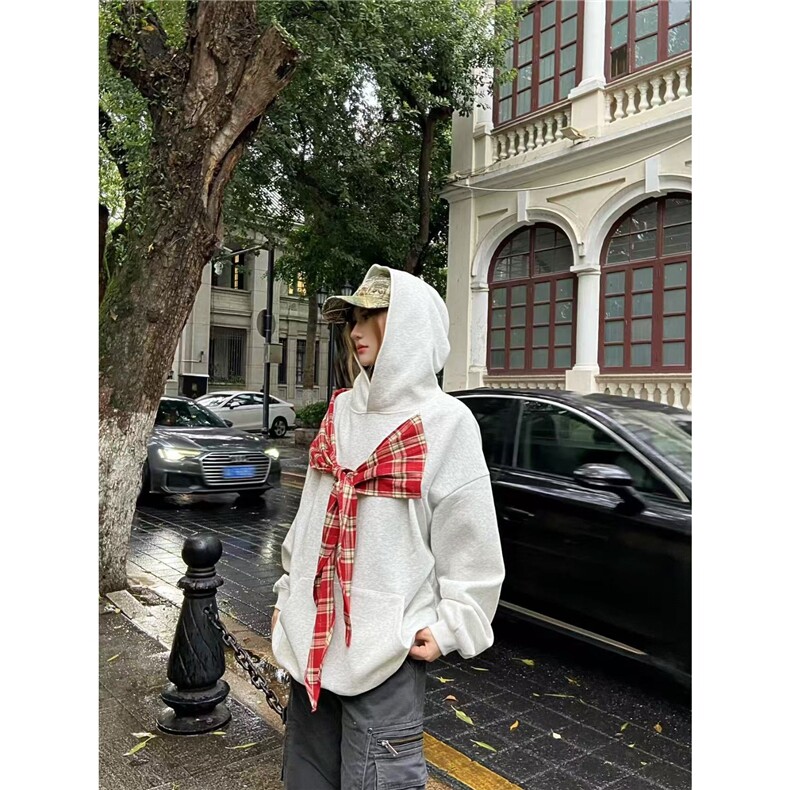 格子拼接蝴蝶结绑带连帽卫衣男女秋冬慵懒宽松情侣装WY1049P52，男装卫衣，星座1013-5