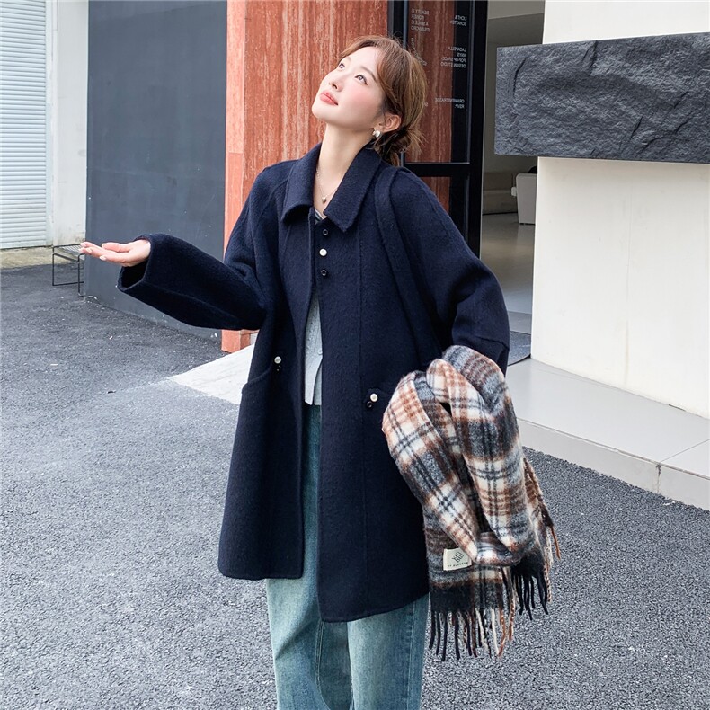 藏青色韩系双面羊毛呢大衣2025新款女冬今年流行中长款毛呢厚外套,女装毛呢外套,2C220