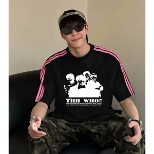 抖音得物品质二开240克宽松纯棉美式潮牌印花三条杠中性风短袖T恤图片
