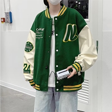 棒球服夹克男日系复古潮宽松休闲港风情侣毛呢拼皮外套W5017-P57，男装夹克，星座512-2