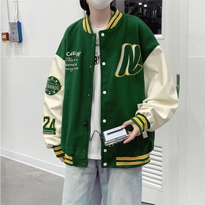 棒球服夹克男日系复古潮宽松休闲港风情侣毛呢拼皮外套 W5017-P57图片