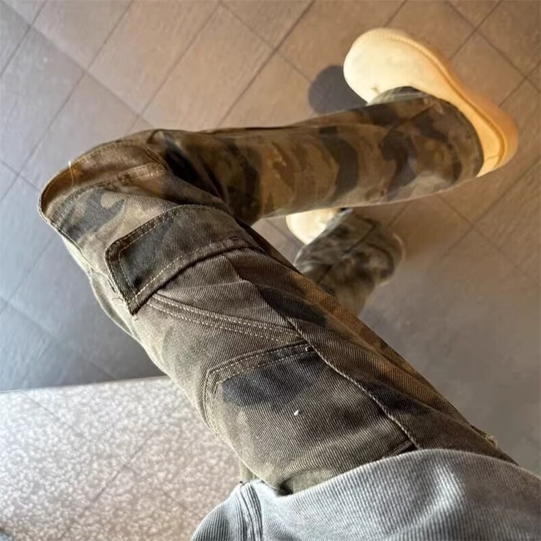 大口袋迷彩工装裤男女款美式高街显腿长伐木裤子户外运动直筒裤,男装工装外套,星座601-1