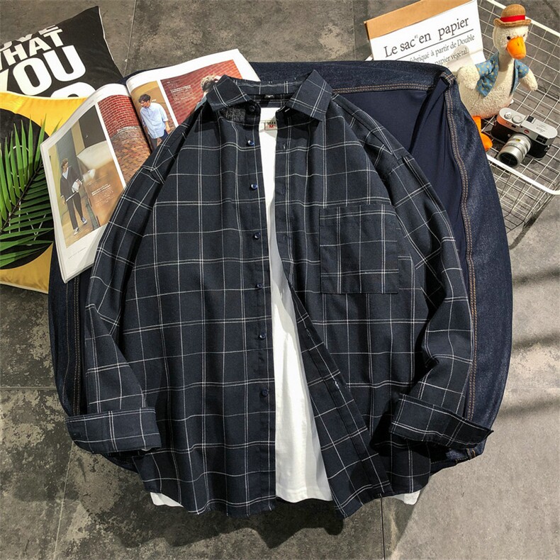 秋季新款宽松衬衫男士韩版潮流格子衬衣外套长袖DF04T,男装衬衫,电商A102