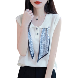 时尚翻领丝巾针织无袖背心上衣女2025夏季新款韩版小众简约T恤衫图片