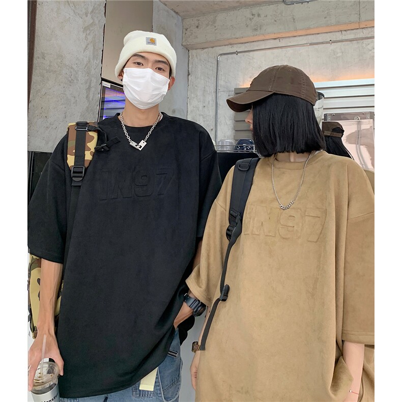 情侣装夏季新款美式复古字母钢印麂皮绒宽松圆领半袖T恤 D296 P38图片
