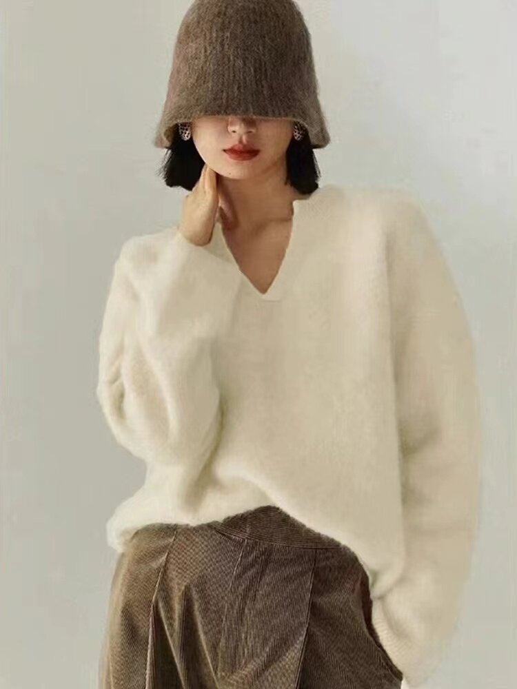 奶f软糯毛衣内搭v领针织衫女秋冬季加厚高级感慵懒上衣,针织衫/毛衣,半城羊绒