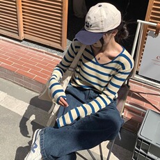 2025款春秋季法式撞色条纹v领长袖针织衫女毛衣小众上衣，男装针织衫/毛衣，星座1210-1