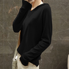 新款2022秋冬薄款女士V领羊毛帽衫宽松套头显瘦打底连帽衫，女装针织衫/毛衣，恒旺羊绒