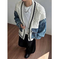 重工拼接牛仔外套男女美式慵懒风宽松针织V领毛衣开衫-8801-P88，男装工装外套，电商B289