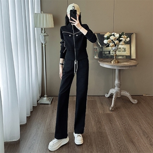 女春季新款拉链开衫上衣阔腿裤两件套装图片