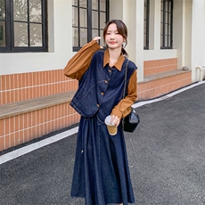 港风复古时尚牛仔马甲衬衫套装女2025春秋季新款显瘦半身裙两件套，女装套装/套裙，维壹